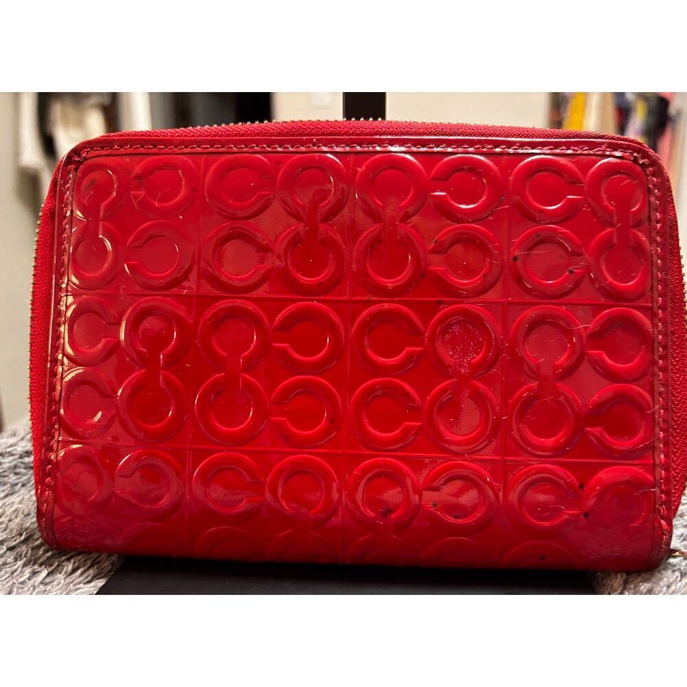 Coach Red Signature Patent Leather Zip Around Travel Organizer Wallet